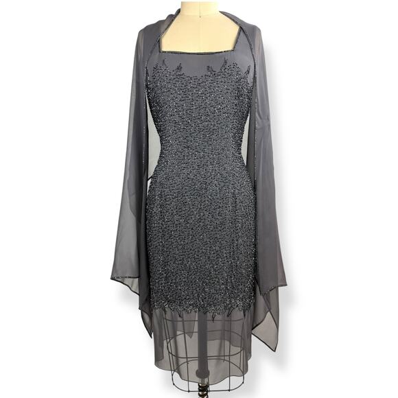 BASIX II pure silk gray beaded cocktail party dress with matching shawl SIZE 12 - Picture 4 of 16